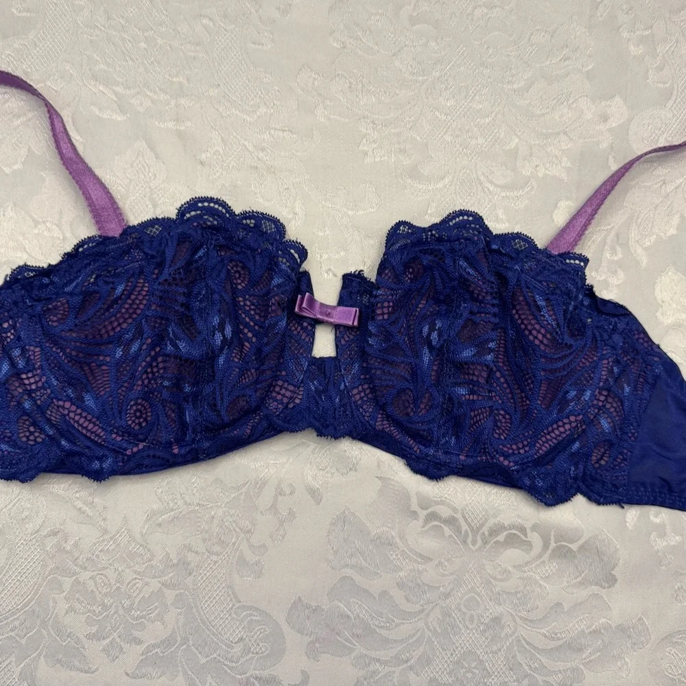 Adore Me‎ Hannah Bra Unlined Balconette Size 34DD Blue Purple Lace Underwire